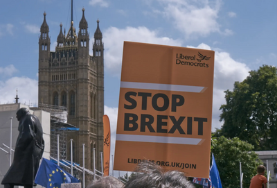 Lib Dem Stop Brexit placard in Westminster